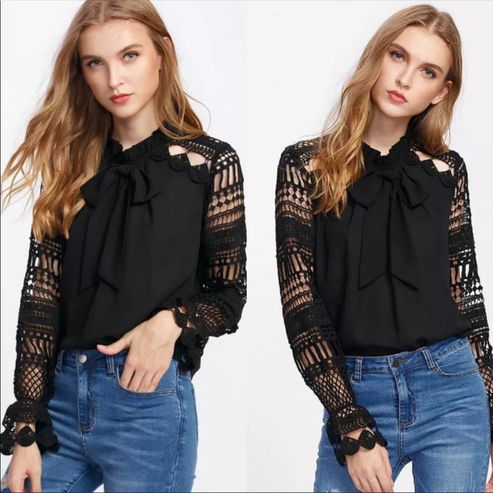 SOLD OUT Bow top with gorgeous crochet sleeves in black